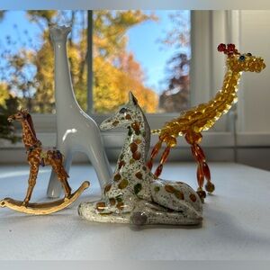 Giraffe ceramic brass beaded brown white drip glaze unique vintage lot of four